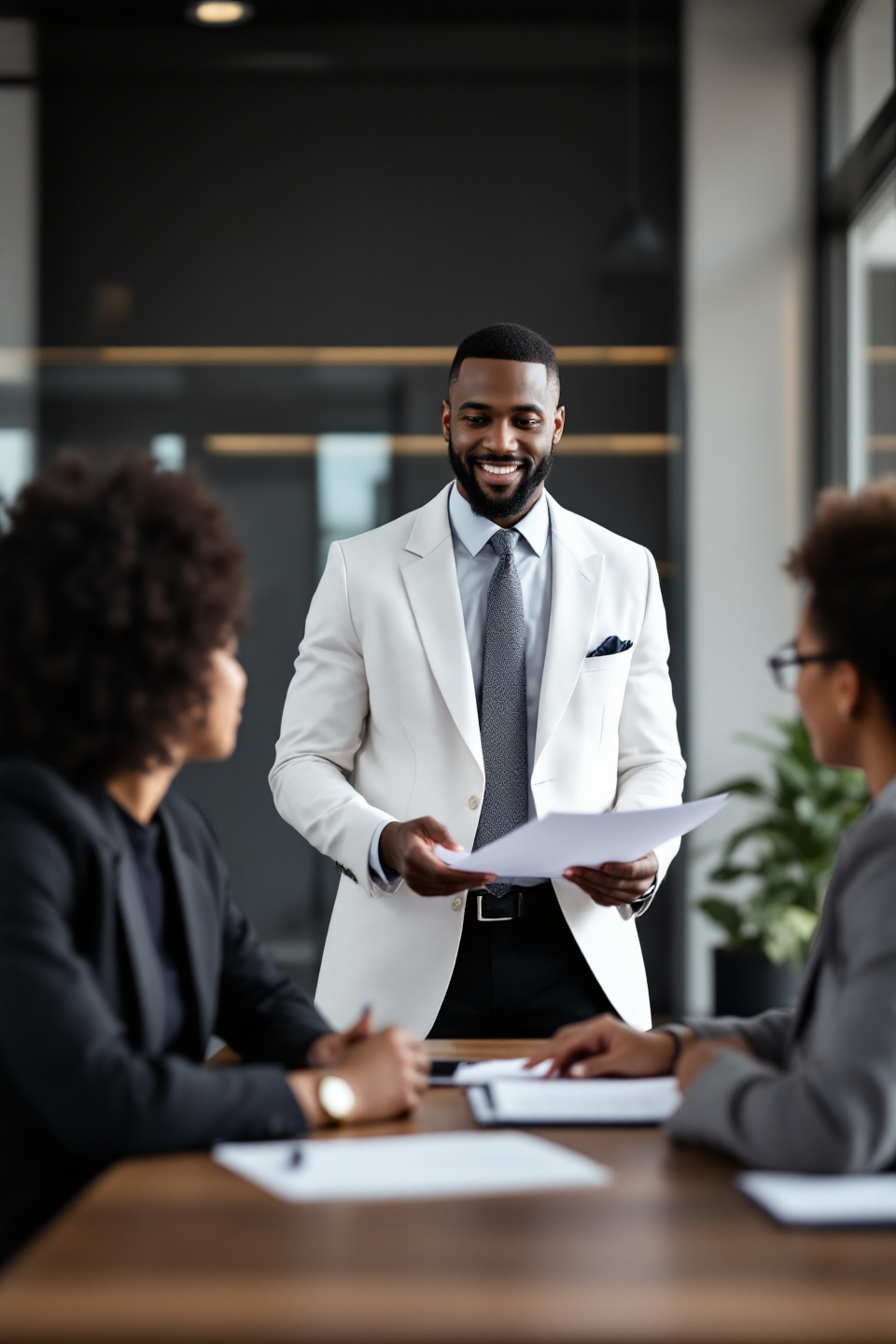 A black lawyer advising an interracial team in a modern office